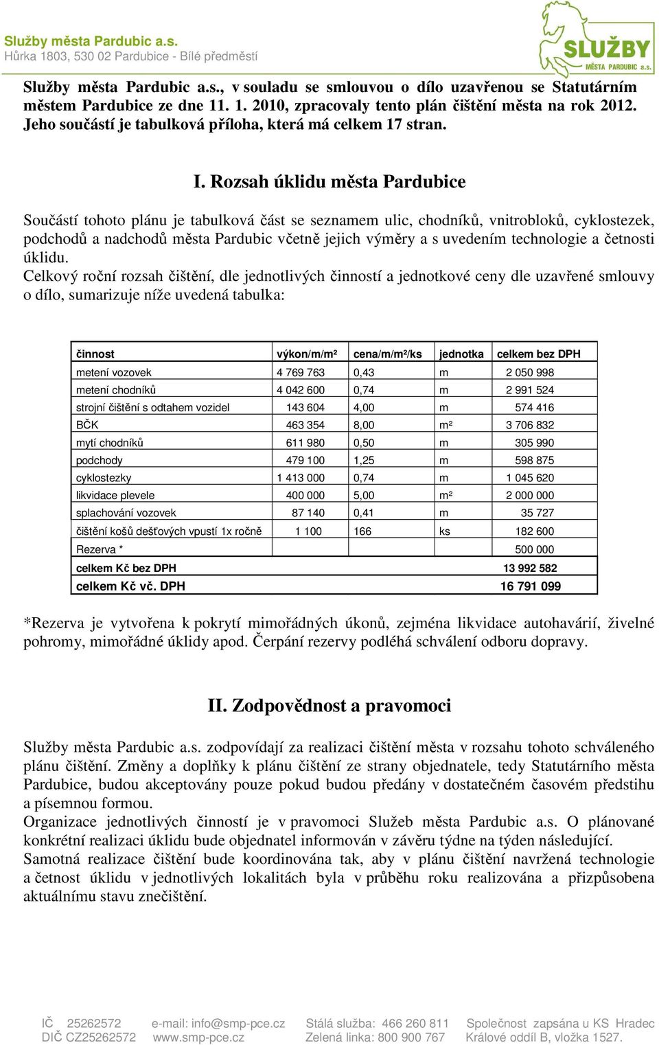 Rozsah úklidu města Pardubice Součástí tohoto plánu je tabulková část se seznamem ulic, chodníků, vnitrobloků, cyklostezek, podchodů a nadchodů města Pardubic včetně jejich výměry a s uvedením