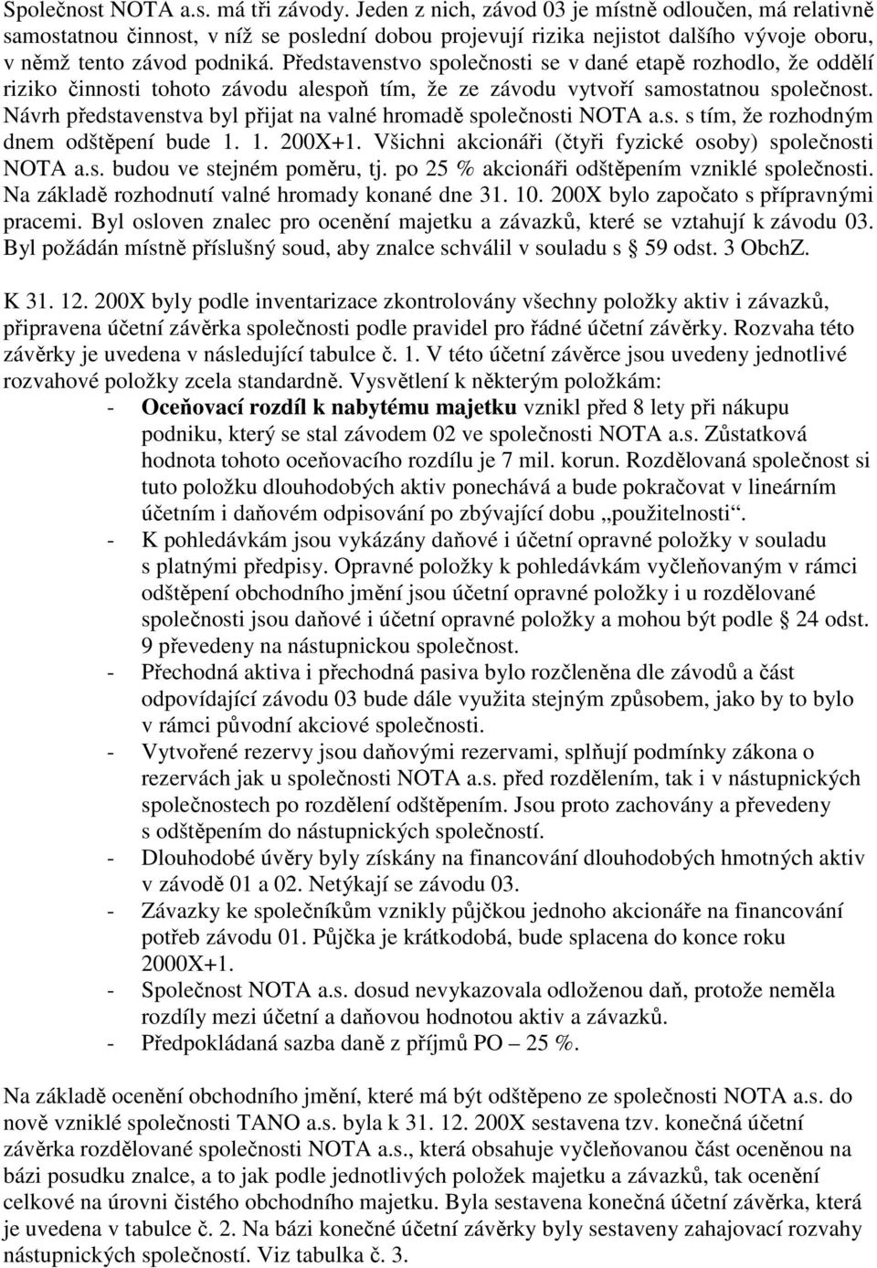 Představenstvo společnosti se v dané etapě rozhodlo, že oddělí riziko činnosti tohoto závodu alespoň tím, že ze závodu vytvoří samostatnou společnost.