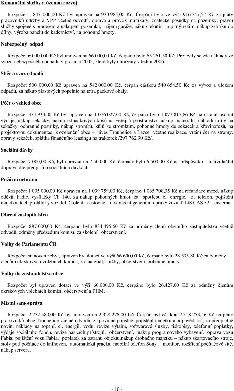 garáže, nákup tekutin na pitný režim, nákup žebříku do dílny, výroba panelů do kadeřnictví, na pohonné hmoty. Nebezpečný odpad Rozpočet 60 000,00 Kč byl upraven na 66.