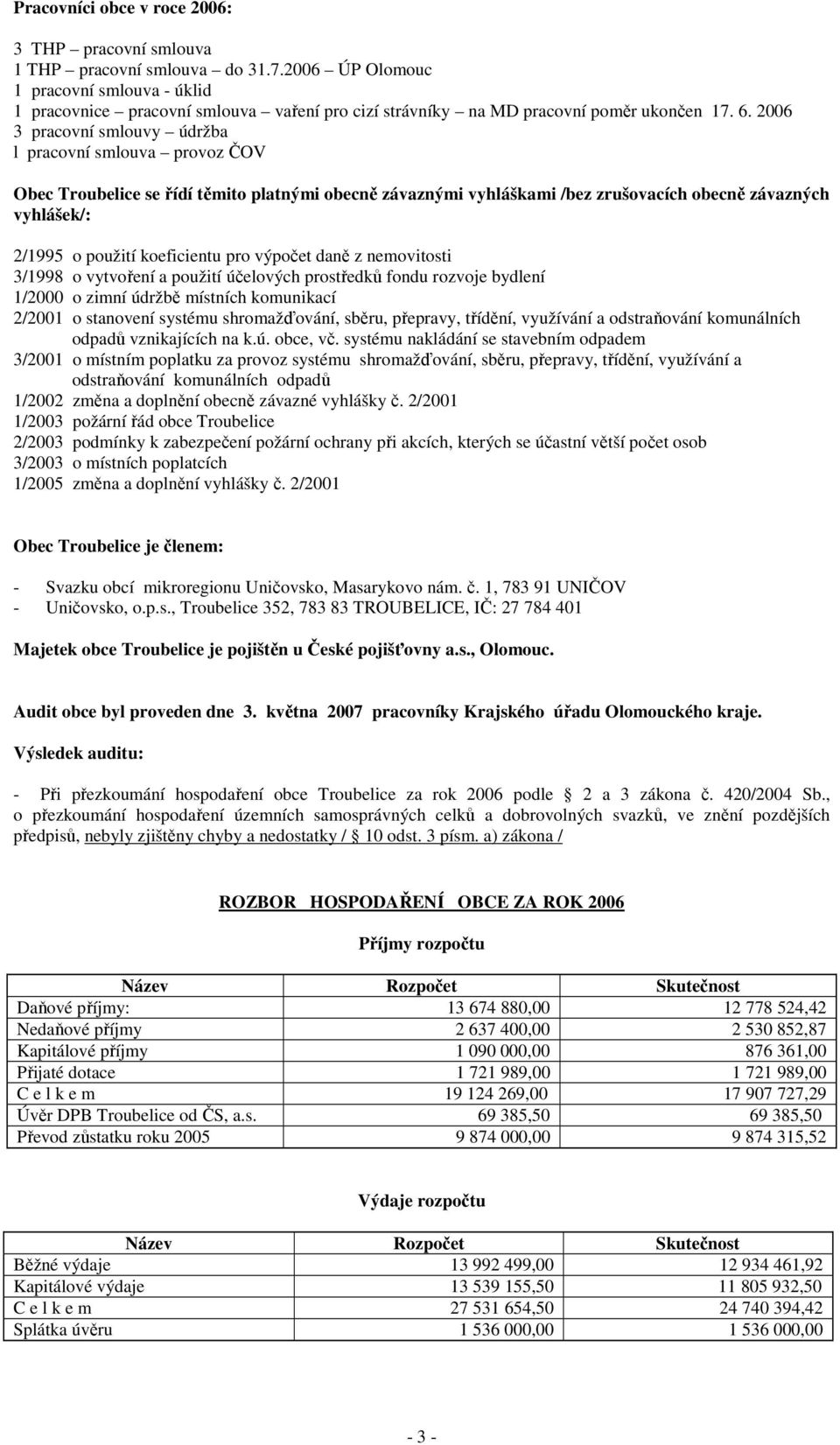 2006 3 pracovní smlouvy údržba l pracovní smlouva provoz ČOV Obec Troubelice se řídí těmito platnými obecně závaznými vyhláškami /bez zrušovacích obecně závazných vyhlášek/: 2/1995 o použití