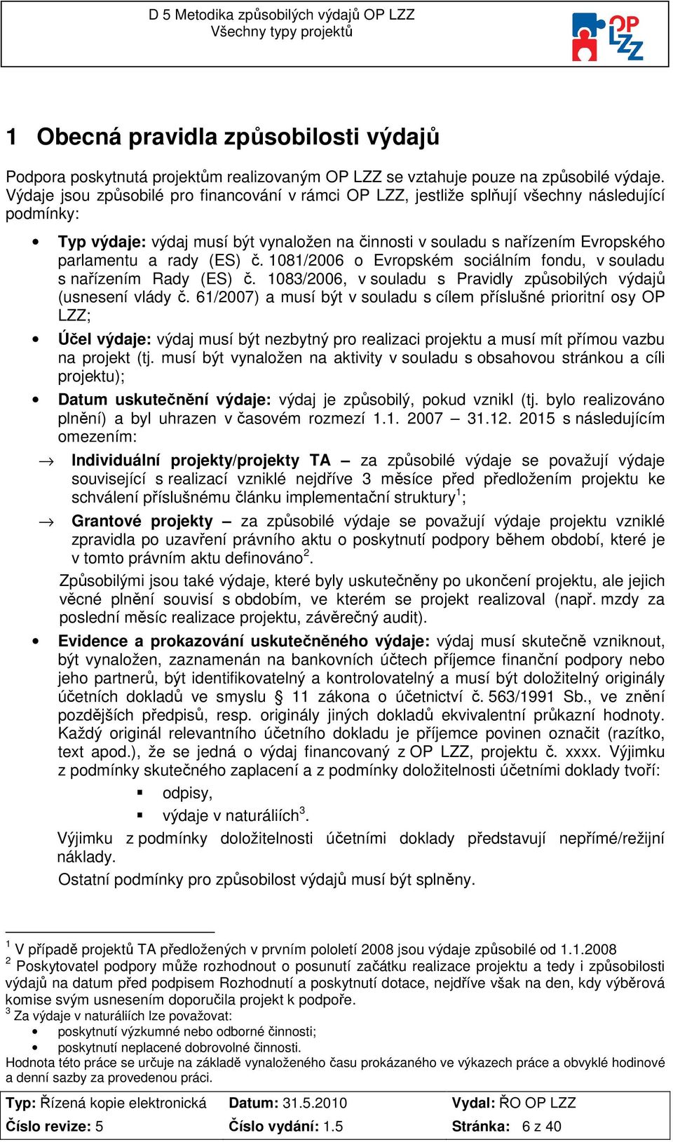 1081/2006 Evrpském sciálním fndu, v suladu s nařízením Rady (ES) č. 1083/2006, v suladu s Pravidly způsbilých výdajů (usnesení vlády č.