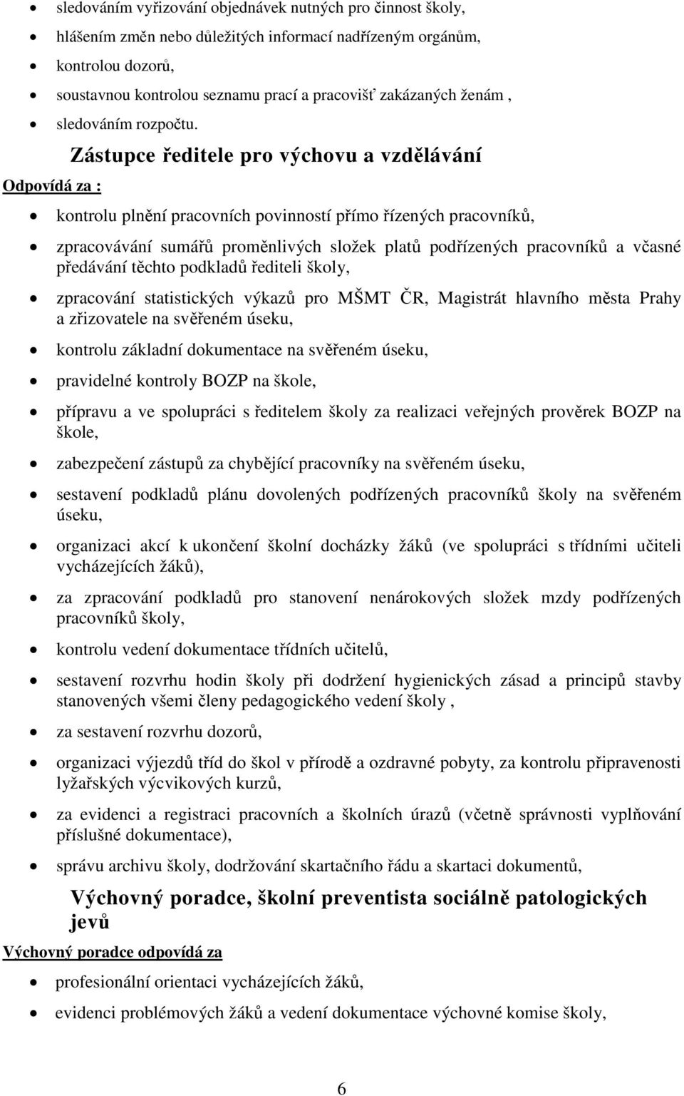 Odpovídá za : Zástupce ředitele pro výchovu a vzdělávání kontrolu plnění pracovních povinností přímo řízených pracovníků, zpracovávání sumářů proměnlivých složek platů podřízených pracovníků a včasné
