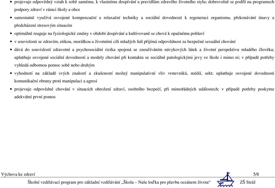 kultivovaně se chová k opačnému pohlaví v souvislosti se zdravím, etikou, morálkou a životními cíli mladých lidí přijímá odpovědnost za bezpečné sexuální chování dává do souvislostí zdravotní a