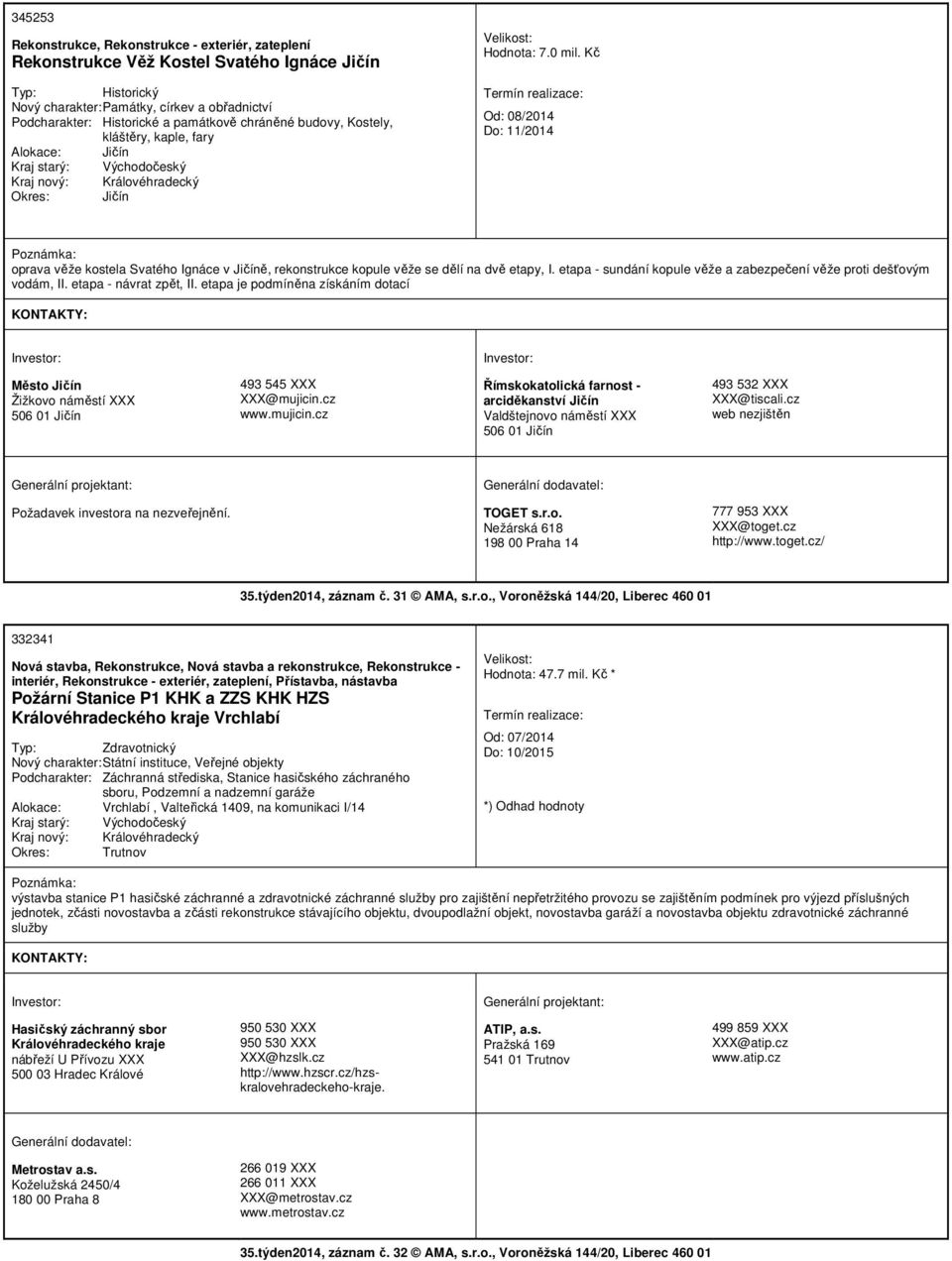 Kč Od: 08/2014 Do: 11/2014 oprava věže kostela Svatého Ignáce v Jičíně, rekonstrukce kopule věže se dělí na dvě etapy, I. etapa - sundání kopule věže a zabezpečení věže proti dešťovým vodám, II.