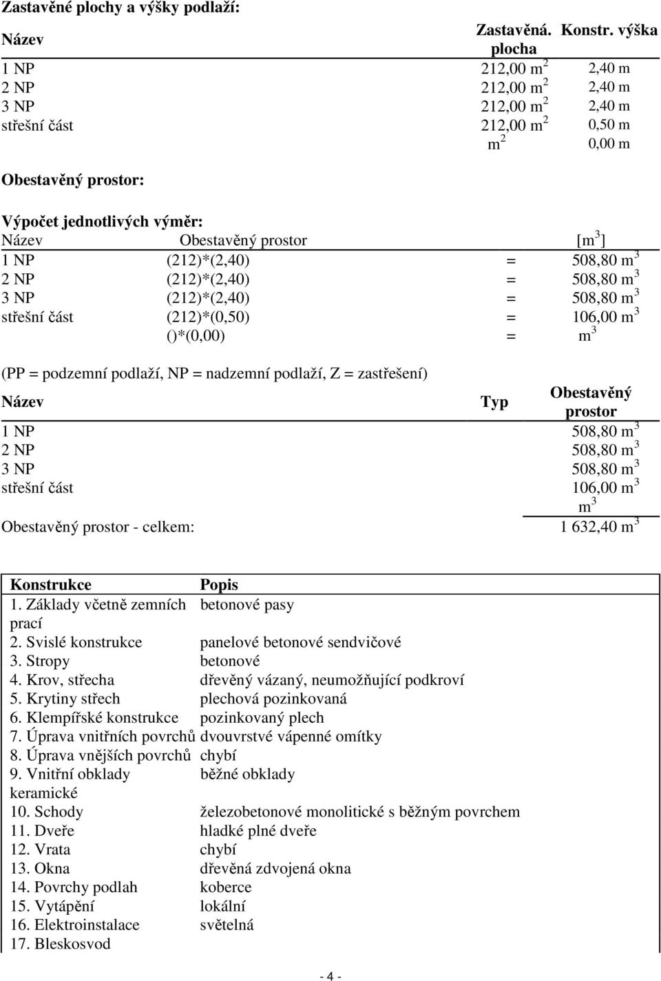 3 ] 1 NP (212)*(2,40) = 508,80 m 3 2 NP (212)*(2,40) = 508,80 m 3 3 NP (212)*(2,40) = 508,80 m 3 střešní část (212)*(0,50) = 106,00 m 3 ()*(0,00) = m 3 (PP = podzemní podlaží, NP = nadzemní podlaží,