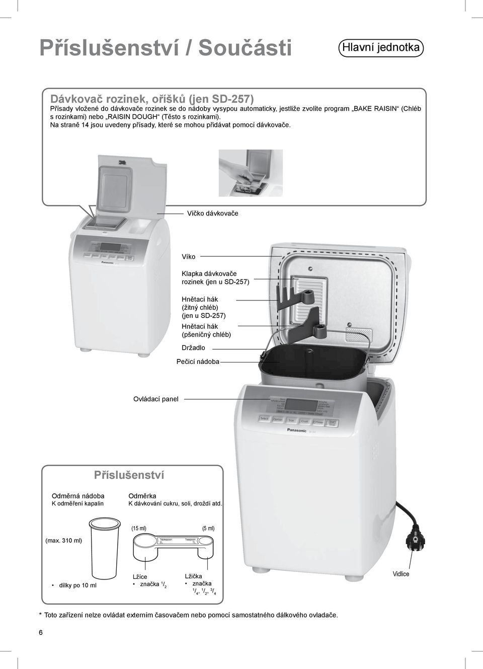 Víčko dávkovače Víko Klapka dávkovače rozinek (jen u SD-257) Hnětací hák (žitný chléb) (jen u SD-257) Hnětací hák (pšeničný chléb) Držadlo Pečicí nádoba Ovládací panel Příslušenství Odměrná