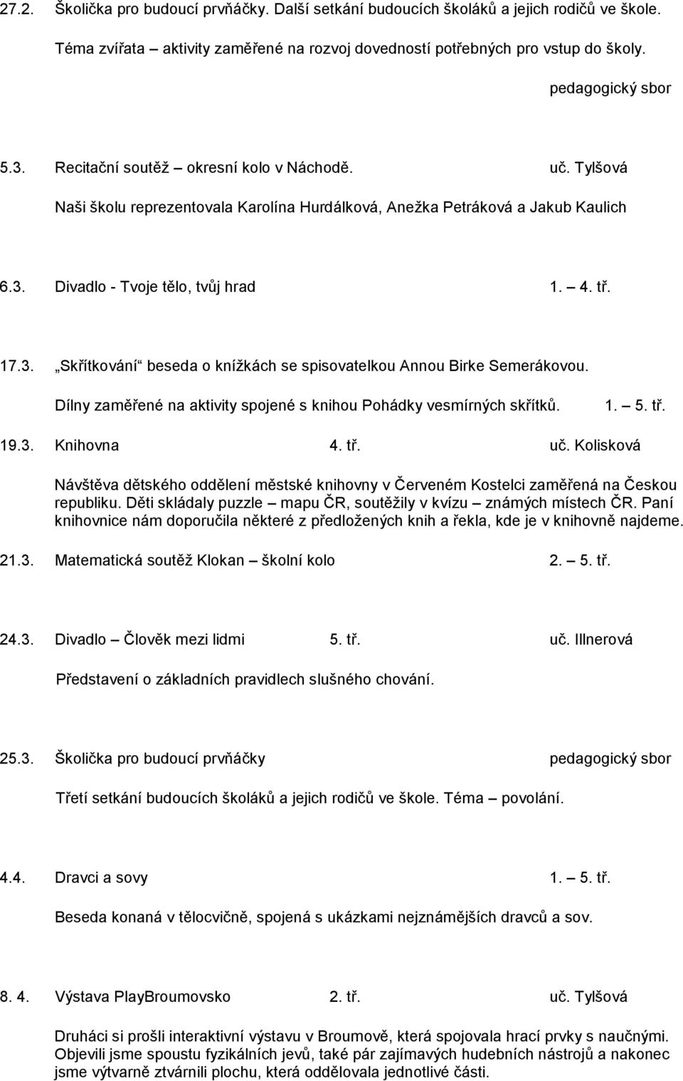 Divadlo - Tvoje tělo, tvůj hrad 1. 4. tř. 17.3. Skřítkování beseda o knížkách se spisovatelkou Annou Birke Semerákovou. Dílny zaměřené na aktivity spojené s knihou Pohádky vesmírných skřítků. 1. 5.