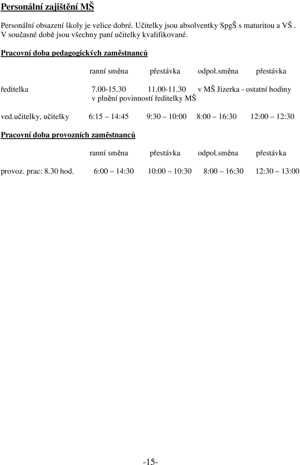 směna přestávka ředitelka 7.00-15.30 11.00-11.30 v MŠ Jizerka - ostatní hodiny v plnění povinností ředitelky MŠ ved.