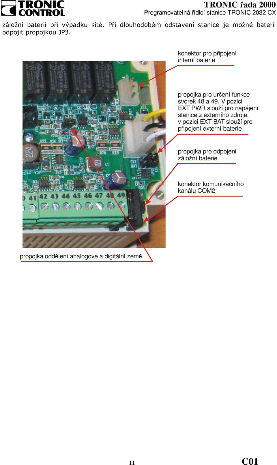 V pozici EXT PWR slouží pro napájení stanice z externího zdroje, v pozici EXT BAT slouží pro připojení