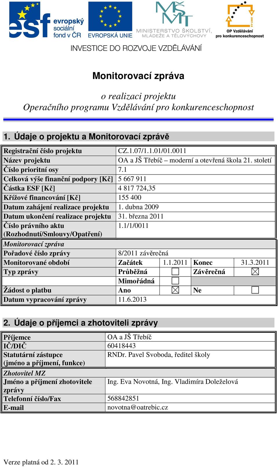 1 Celková výše finanční podpory [Kč] 5 667 911 Částka ESF [Kč] 4 817 724,35 Křížové financování [Kč] 155 400 Datum zahájení realizace projektu 1. dubna 2009 Datum ukončení realizace projektu 31.