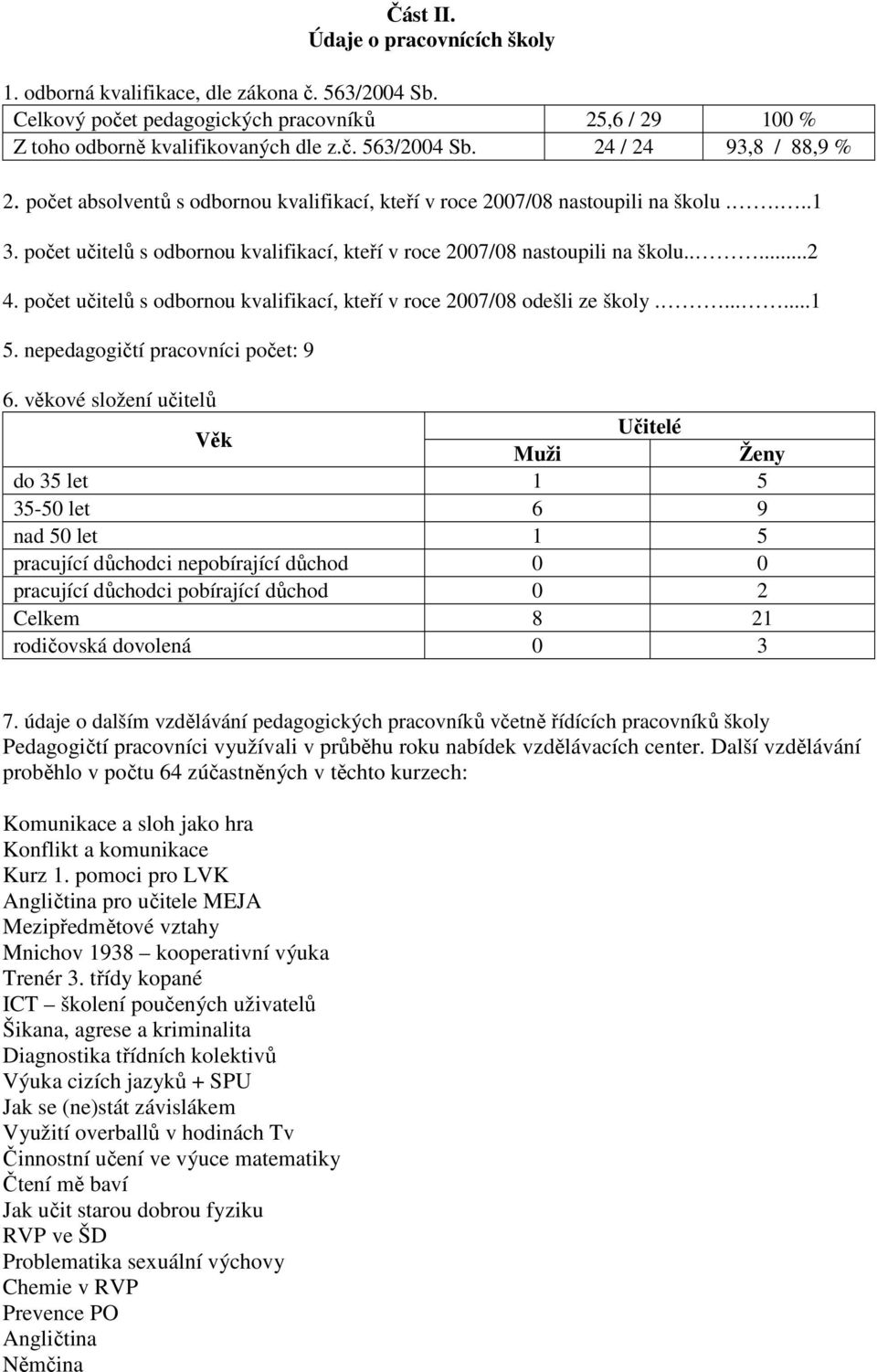 počet učitelů s odbornou kvalifikací, kteří v roce 2007/08 odešli ze školy.......1 5. nepedagogičtí pracovníci počet: 9 6.