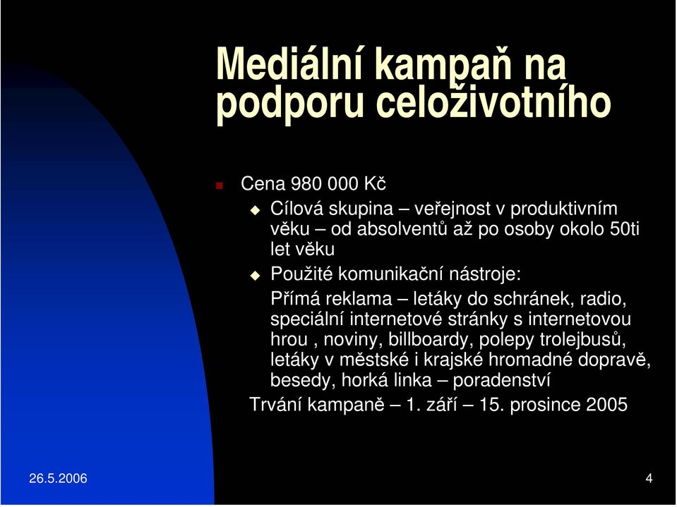 radio, speciální internetové stránky s internetovou hrou, noviny, billboardy, polepy trolejbusů, letáky v