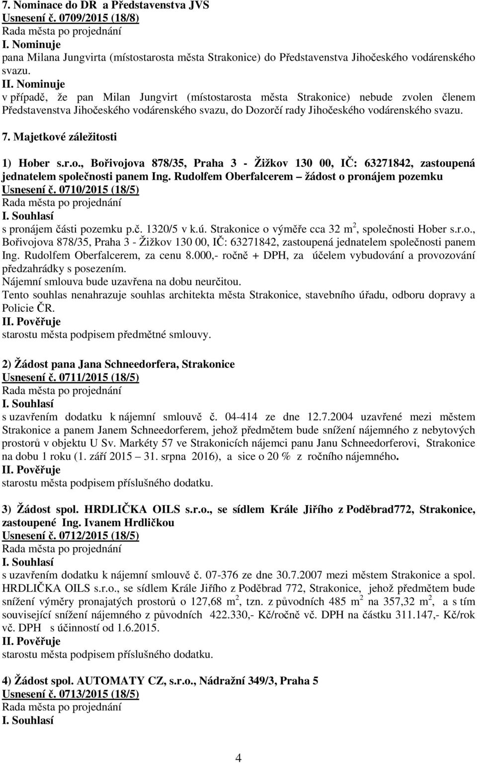 Majetkové záležitosti 1) Hober s.r.o., Bořivojova 878/35, Praha 3 - Žižkov 130 00, IČ: 63271842, zastoupená jednatelem společnosti panem Ing.