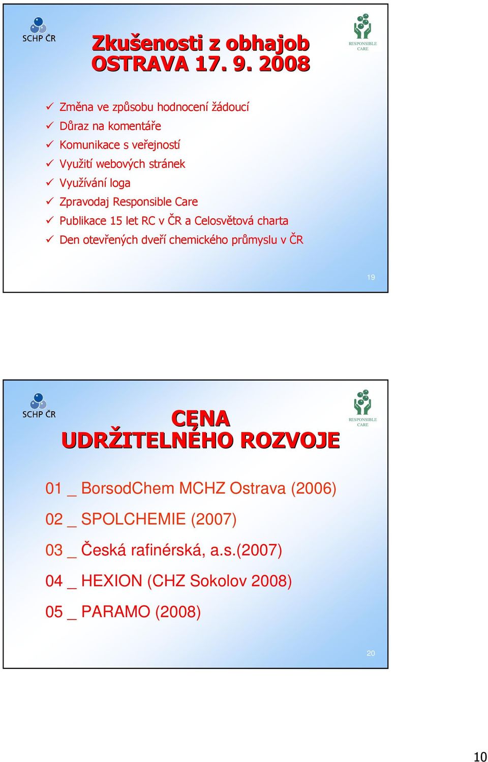 Využívání loga Zpravodaj Responsible Care Publikace 15 let RC v ČR a Celosvětová charta Den otevřených dveří