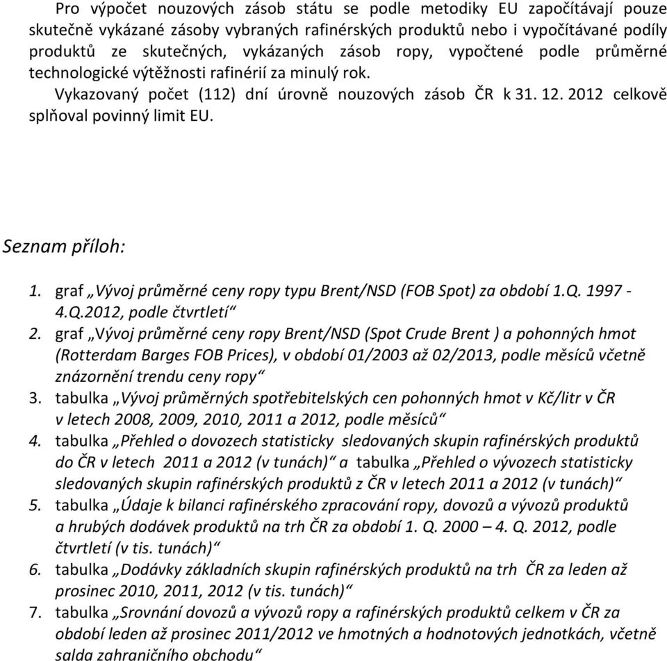 Seznam příloh: 1. graf Vývoj průměrné ceny ropy typu Brent/NSD (FOB Spot) za období 1.Q. 1997-4.Q.2012, podle čtvrtletí 2.