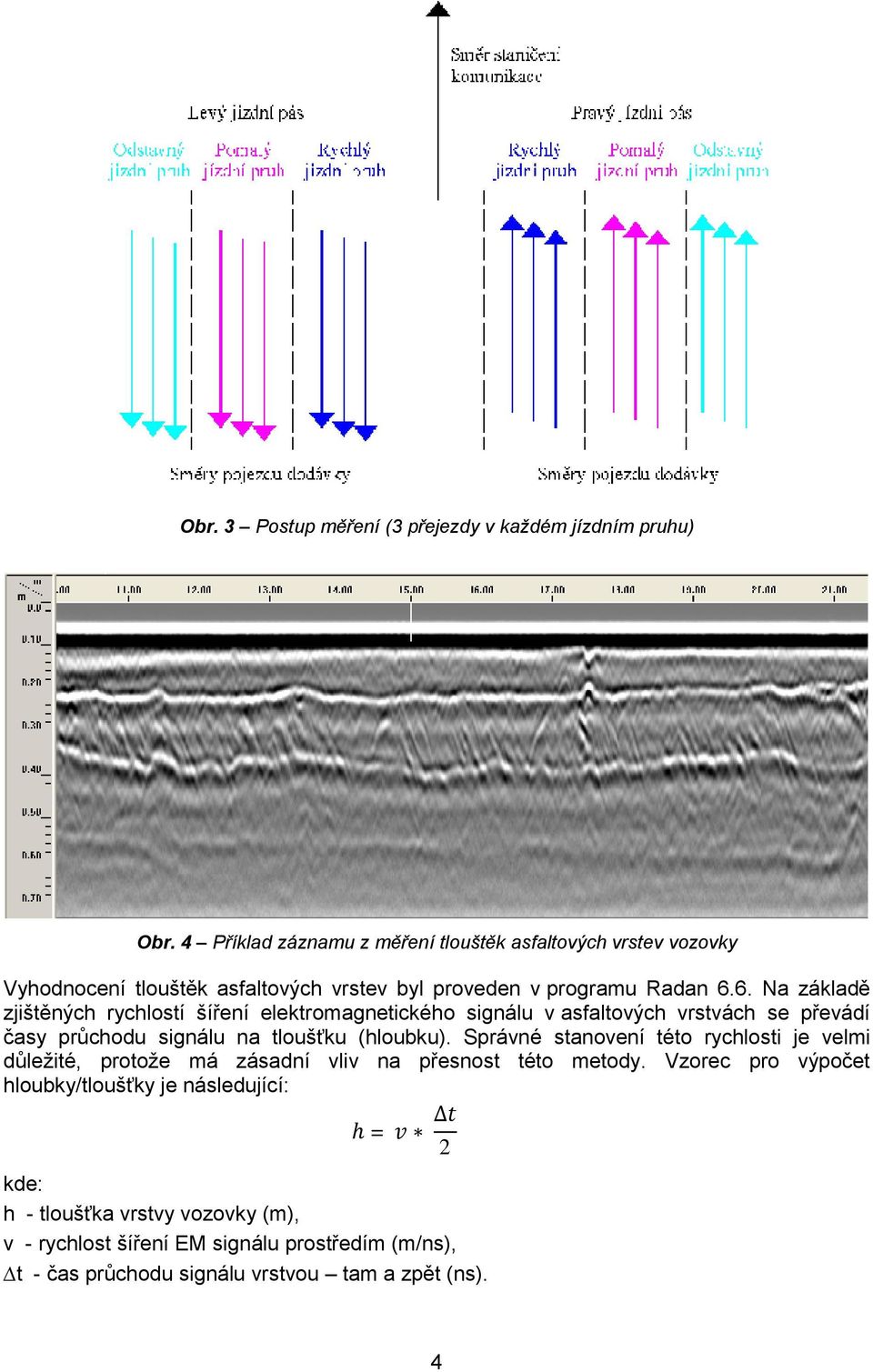 6. Na základě zjištěných rychlostí šíření elektromagnetického signálu v asfaltových vrstvách se převádí časy průchodu signálu na tloušťku (hloubku).