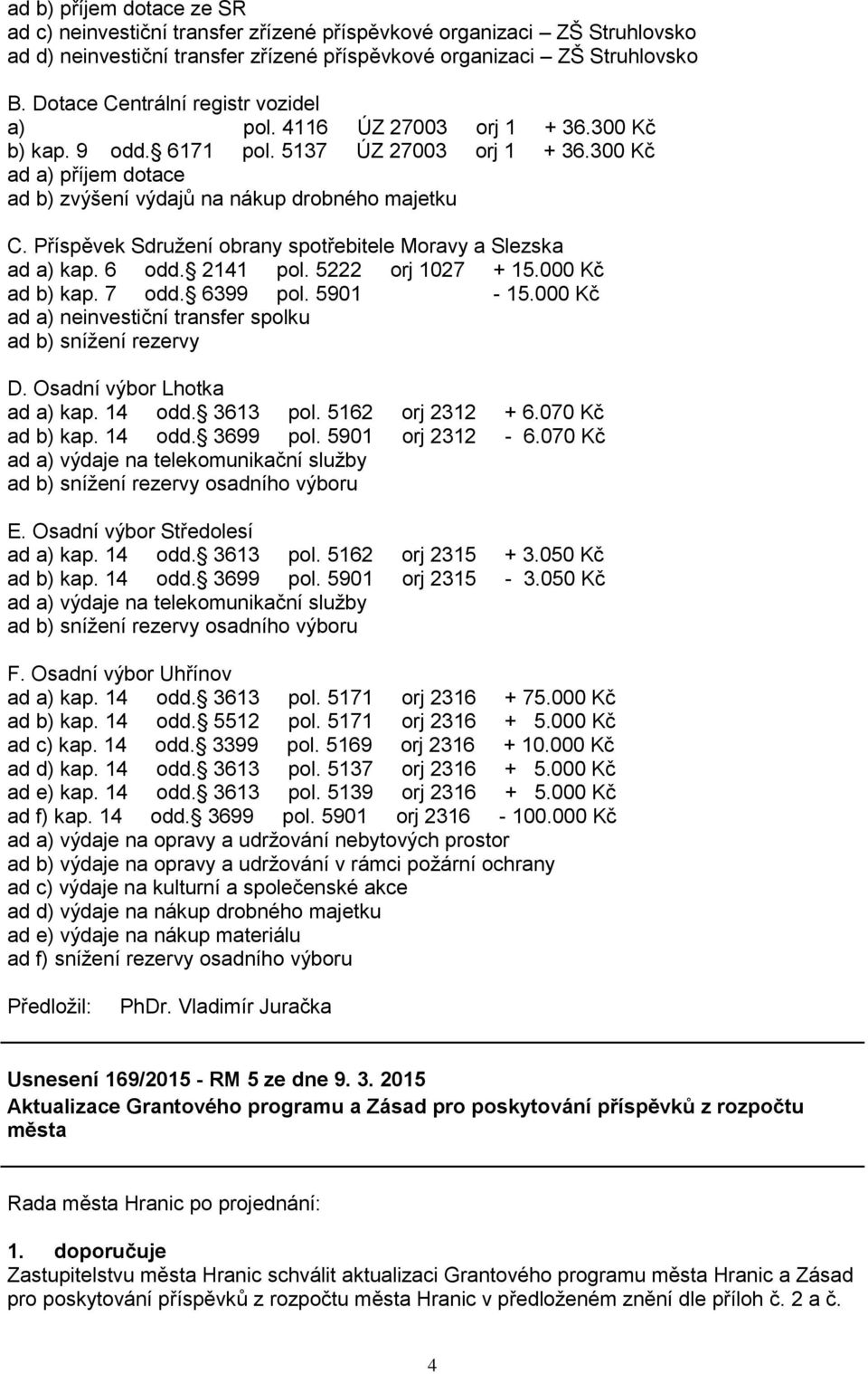 Příspěvek Sdružení obrany spotřebitele Moravy a Slezska ad a) kap. 6 odd. 2141 pol. 5222 orj 1027 + 15.000 Kč ad b) kap. 7 odd. 6399 pol. 5901-15.