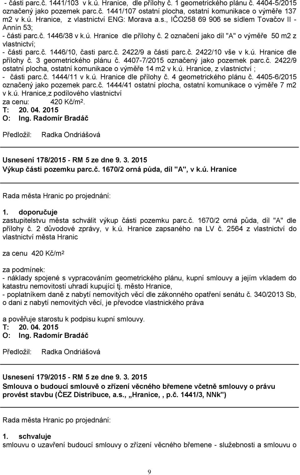 č. 2422/10 vše v k.ú. Hranice dle přílohy č. 3 geometrického plánu č. 4407-7/2015 označený jako pozemek parc.č. 2422/9 ostatní plocha, ostatní komunikace o výměře 14 m2 v k.ú. Hranice, z vlastnictví ; - části parc.