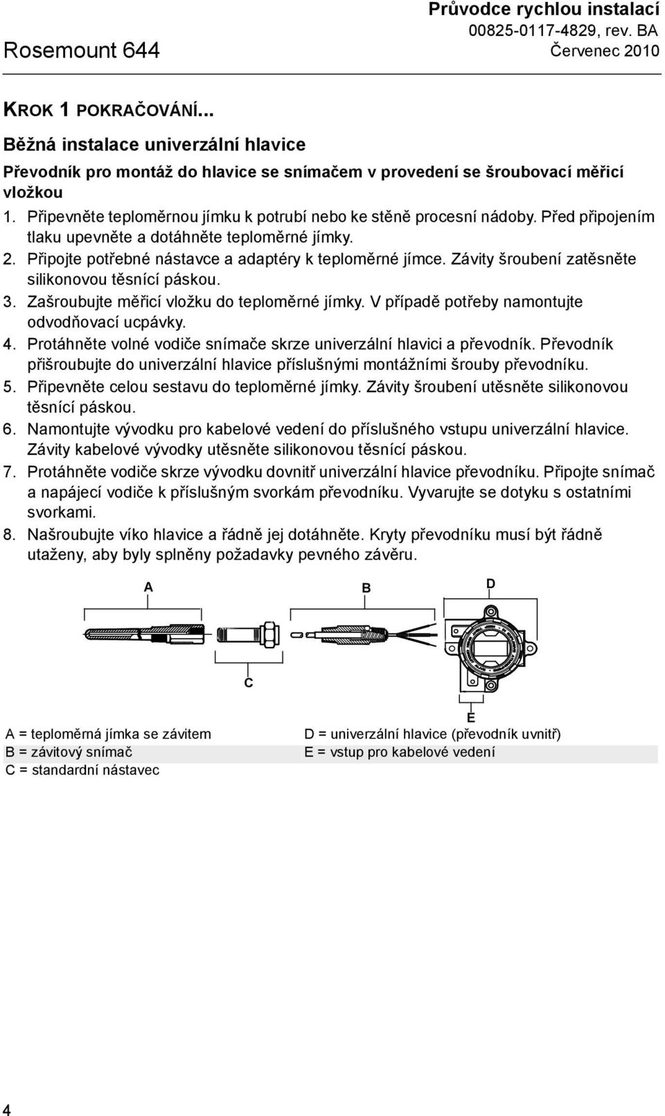 Závity šroubení zatěsněte silikonovou těsnící páskou. 3. Zašroubujte měřicí vložku do teploměrné jímky. V případě potřeby namontujte odvodňovací ucpávky. 4.