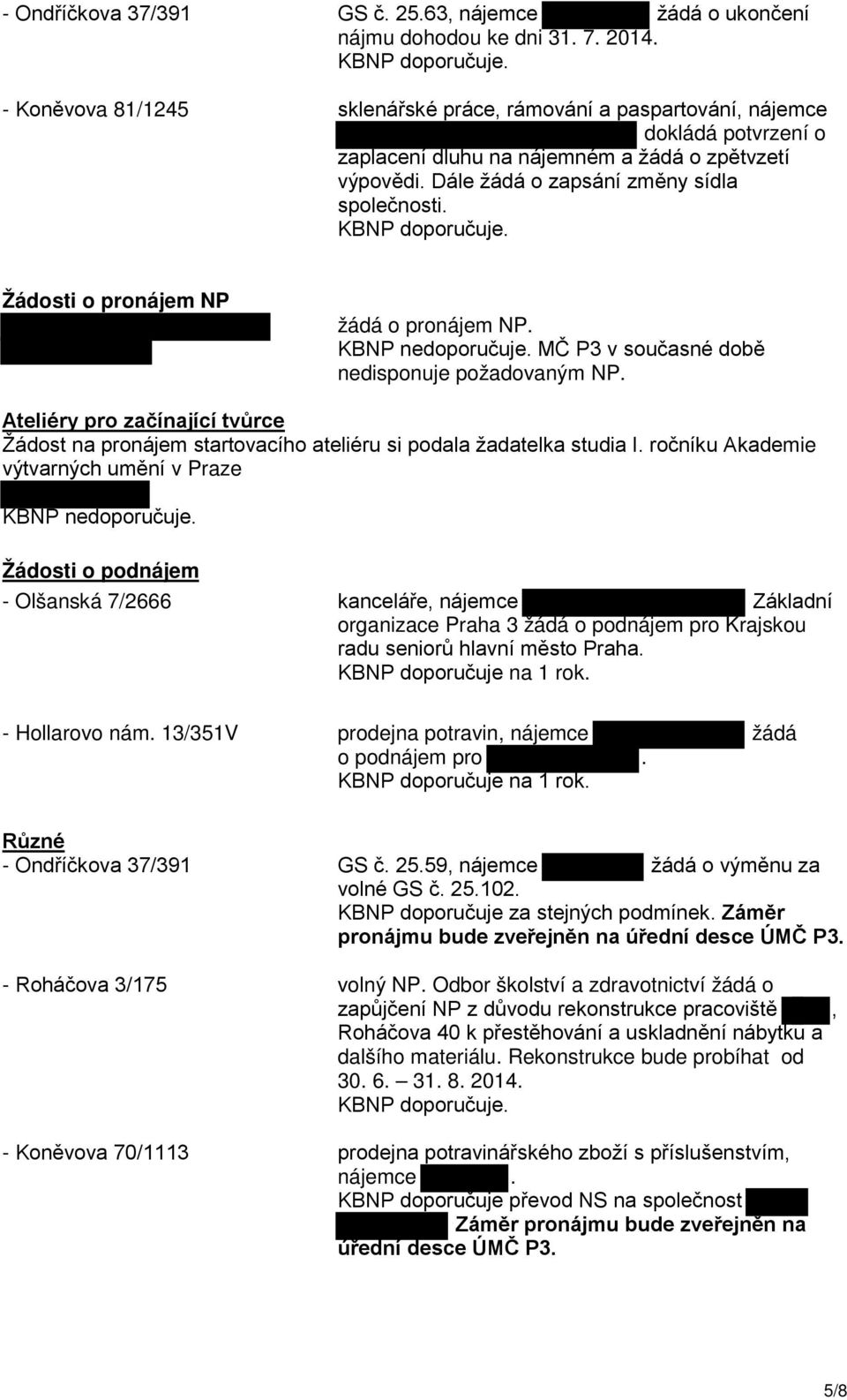 Žádosti o pronájem NP žádá o pronájem NP. KBNP nedoporučuje. MČ P3 v současné době nedisponuje požadovaným NP.