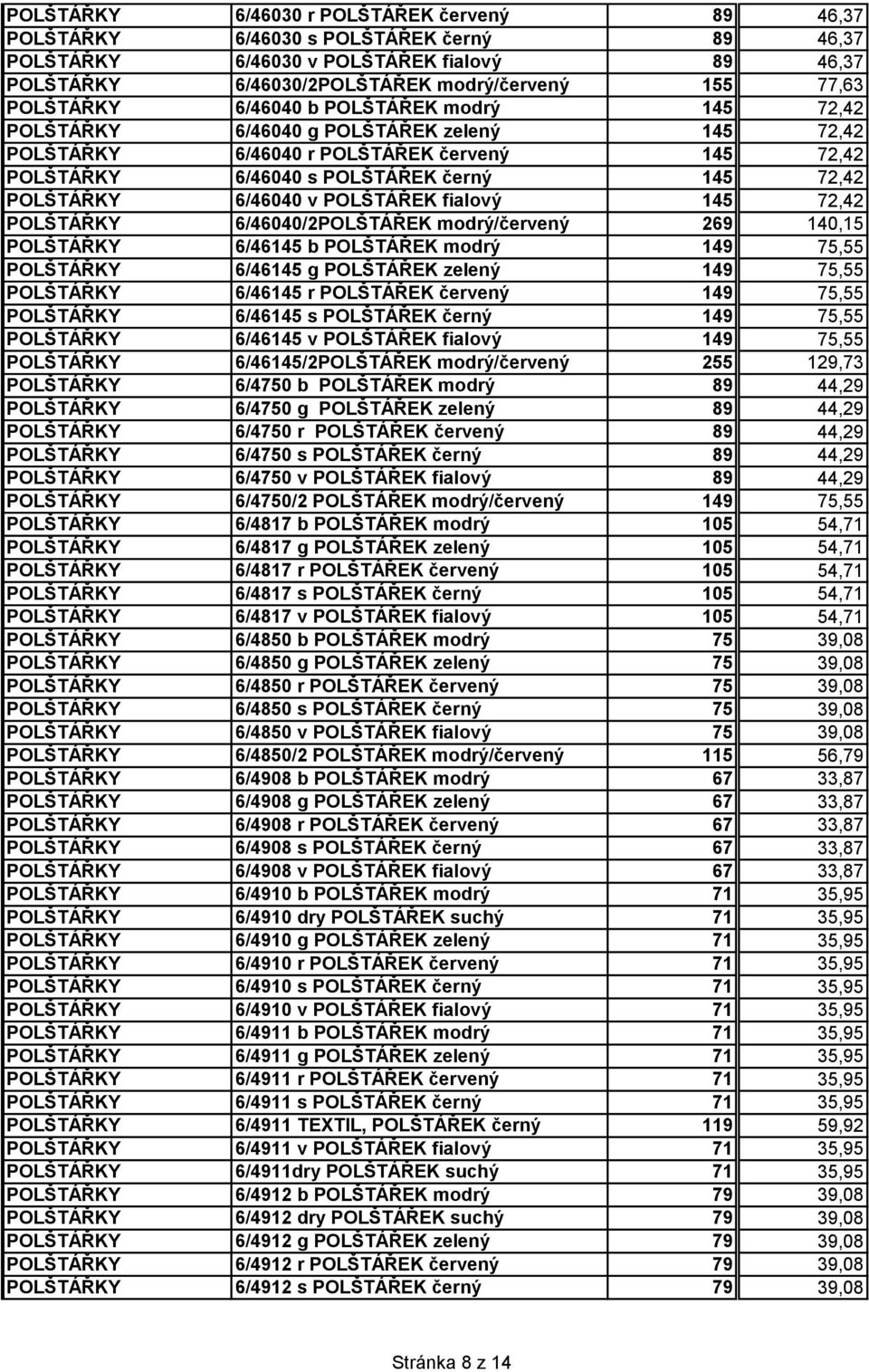 6/46040 v POLŠTÁŘEK fialový 145 72,42 POLŠTÁŘKY 6/46040/2POLŠTÁŘEK modrý/červený 269 140,15 POLŠTÁŘKY 6/46145 b POLŠTÁŘEK modrý 149 75,55 POLŠTÁŘKY 6/46145 g POLŠTÁŘEK zelený 149 75,55 POLŠTÁŘKY