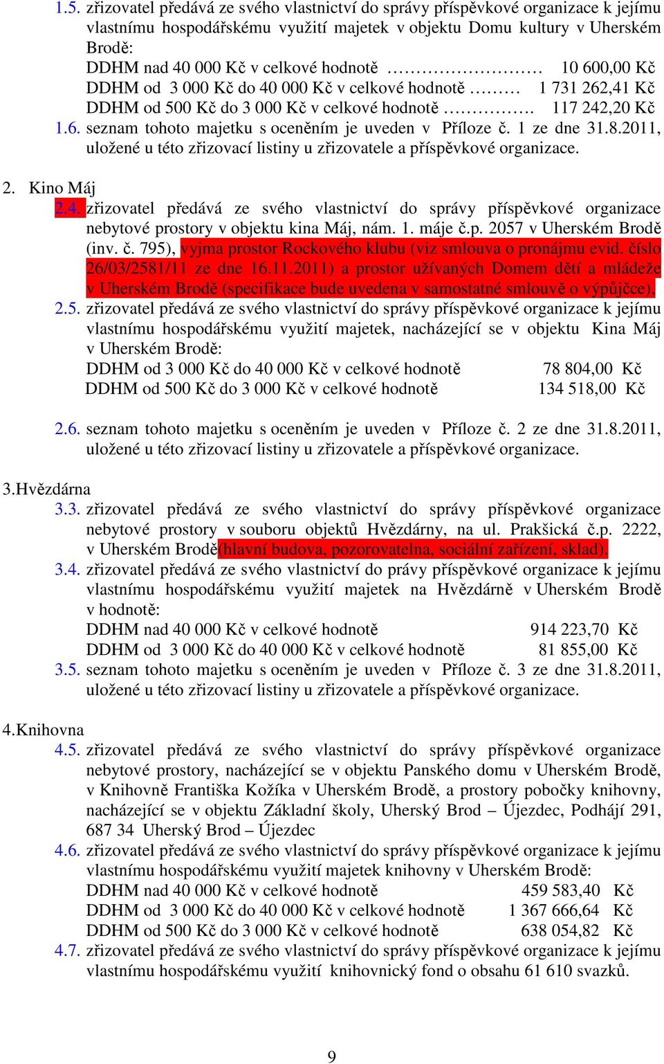 1 ze dne 31.8.2011, 2. Kino Máj 2.4. zřizovatel předává ze svého vlastnictví do správy příspěvkové organizace nebytové prostory v objektu kina Máj, nám. 1. máje č.