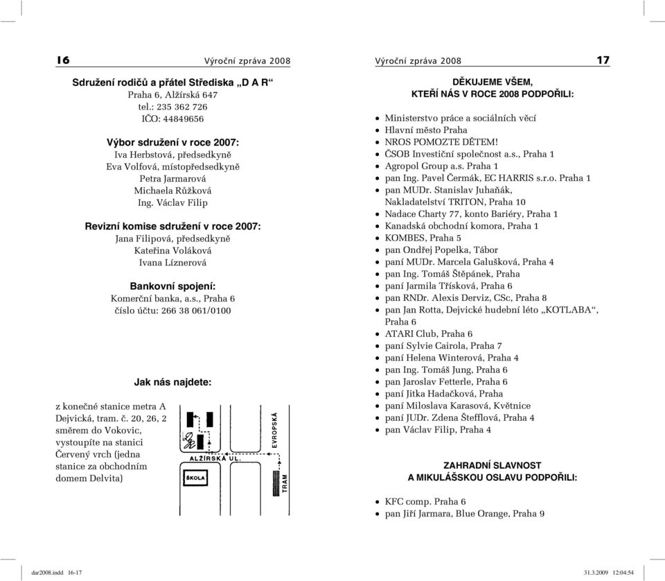 Václav Filip Revizní komise sdružení v roce 2007: Jana Filipová, předsedkyně Kateřina Voláková Ivana Líznerová Bankovní spojení: Komerční banka, a.s., Praha 6 číslo účtu: 266 38 061/0100 z konečné stanice metra A Dejvická, tram.