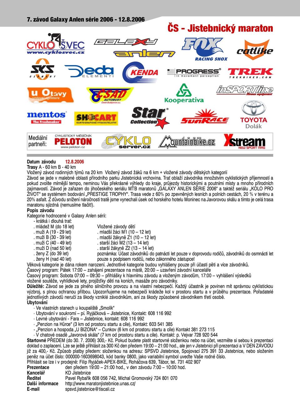 2006 Trasy A - 60 km B - 40 km Vložený závod rodinných týmů na 20 km Vložený závod žáků na 6 km + vložené závody dětských kategorií Závod se jede v malebné oblasti přírodního parku Jistebnická