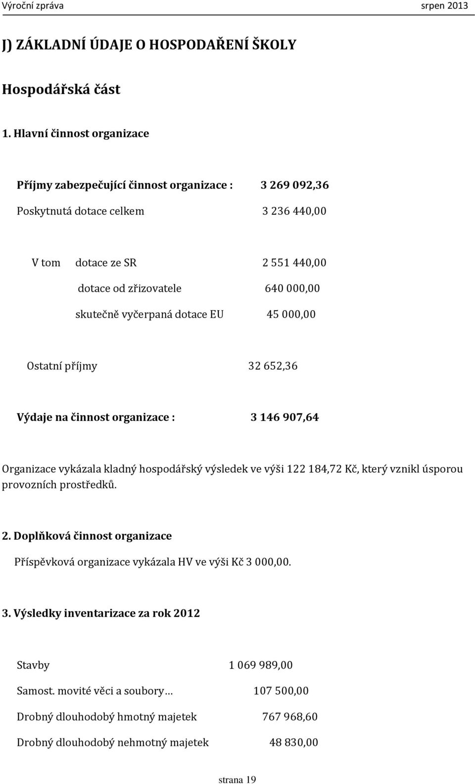 skutečně vyčerpaná dotace EU 45 000,00 Ostatní příjmy 32 652,36 Výdaje na činnost organizace : 3 146 907,64 Organizace vykázala kladný hospodářský výsledek ve výši 122 184,72 Kč, který