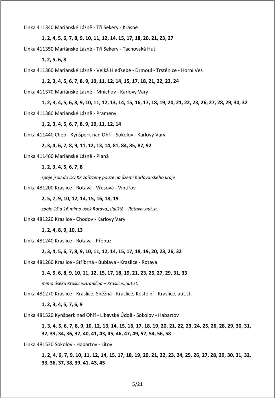 2, 3, 4, 5, 6, 8, 9, 10, 11, 12, 13, 14, 15, 16, 17, 18, 19, 20, 21, 22, 23, 26, 27, 28, 29, 30, 32 Linka 411380 Mariánské Lázně - Prameny 1, 2, 3, 4, 5, 6, 7, 8, 9, 10, 11, 12, 14 Linka 411440 Cheb