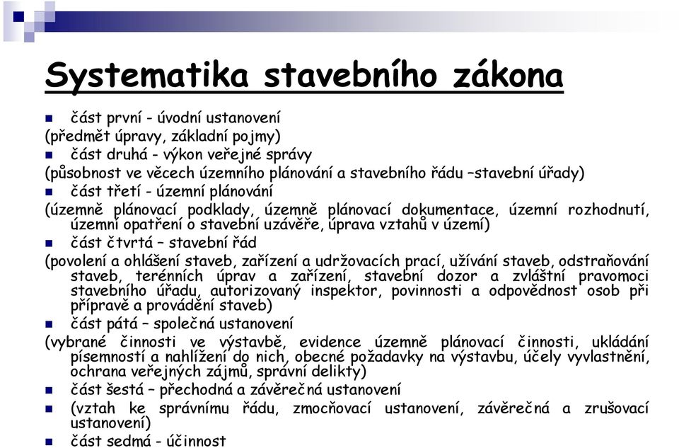 (povolení a ohlášení staveb, zařízení a udržovacích prací, užívání staveb, odstraňování staveb, terénních úprav a zařízení, stavební dozor a zvláštní pravomoci stavebního úřadu, autorizovaný