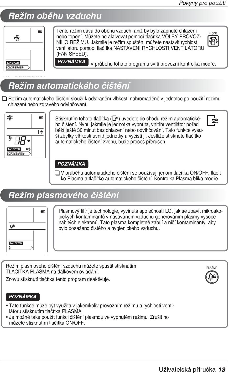 Režim automatického čištění Režim automatického čištění slouží k odstranění vlhkosti nahromaděné v jednotce po použití režimu chlazení nebo zdravého odvlhčování.