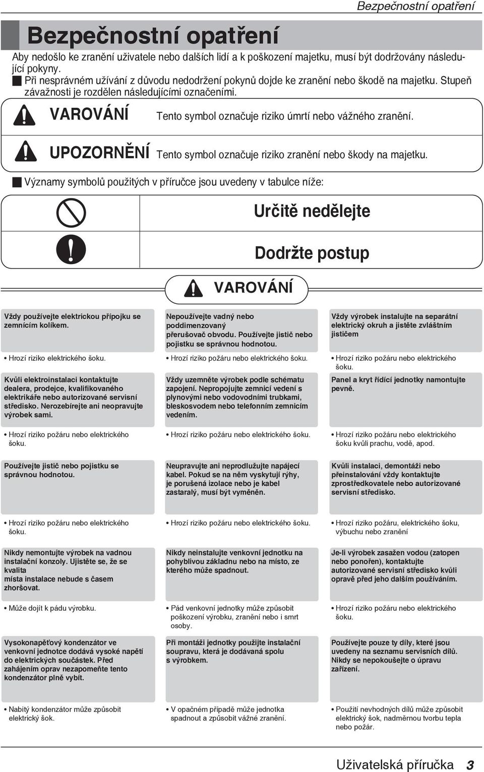 VAROVÁNÍ Tento symbol označuje riziko úmrtí nebo vážného zranění. UPOZORNĚNÍ Tento symbol označuje riziko zranění nebo škody na majetku.