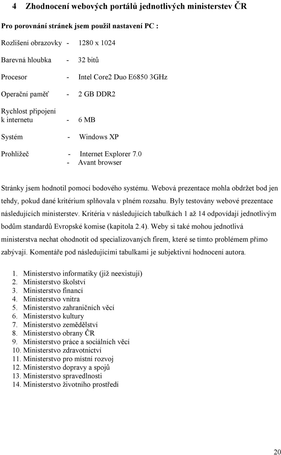 Webová prezentace mohla obdržet bod jen tehdy, pokud dané kritérium splňovala v plném rozsahu. Byly testovány webové prezentace následujících ministerstev.