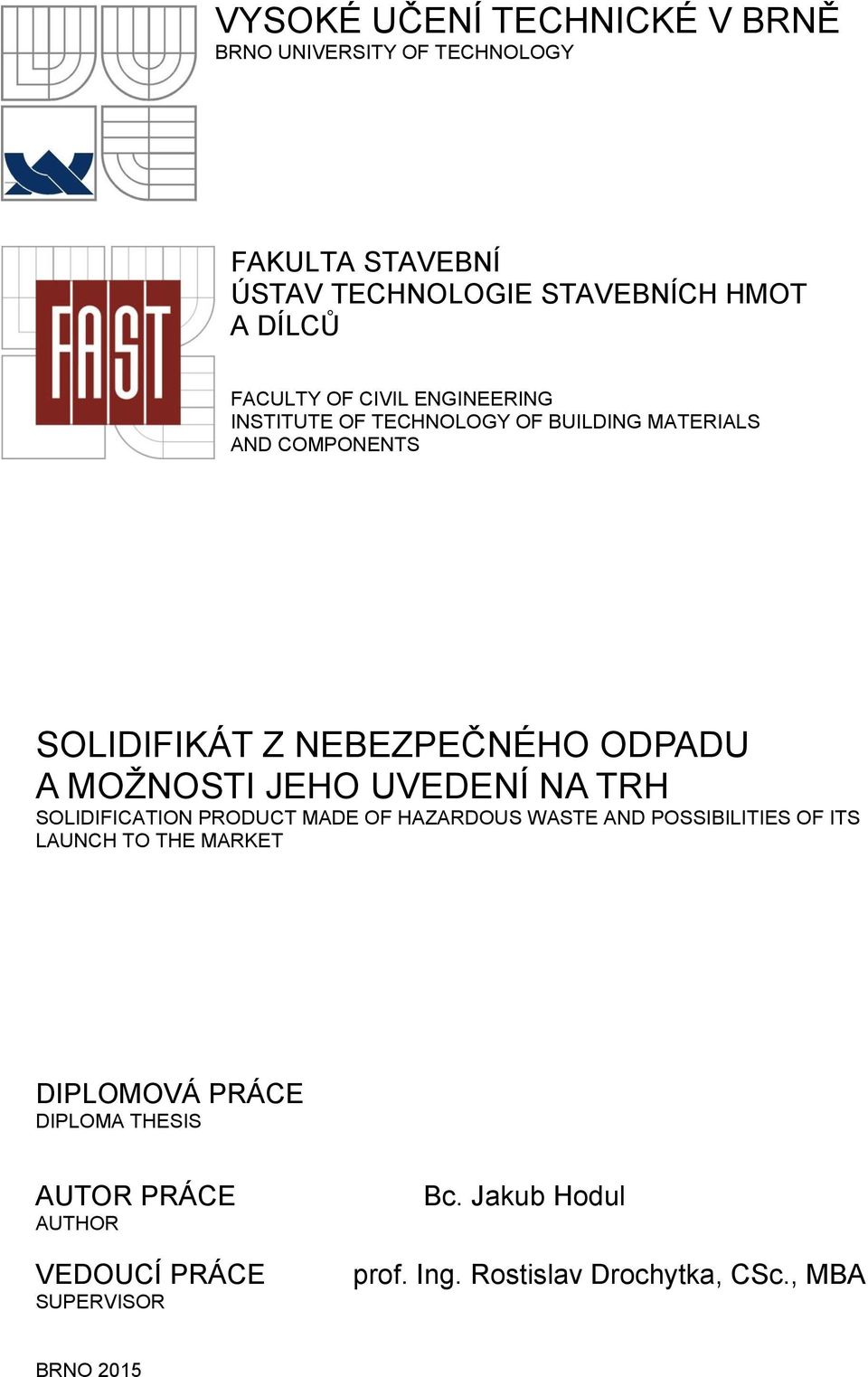 A MOŽNOSTI JEHO UVEDENÍ NA TRH SOLIDIFICATION PRODUCT MADE OF HAZARDOUS WASTE AND POSSIBILITIES OF ITS LAUNCH TO THE MARKET