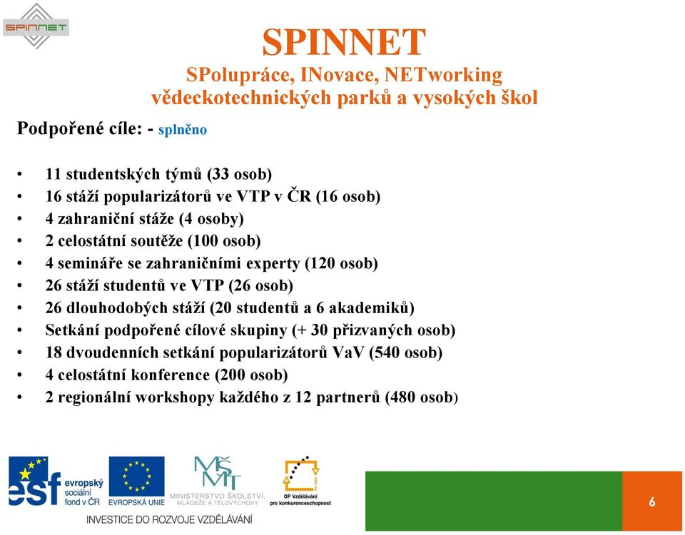 osob) 26 dlouhodobých stáží (20 studentů a 6 akademiků) Setkání podpořené cílové skupiny (+ 30 přizvaných osob) 18