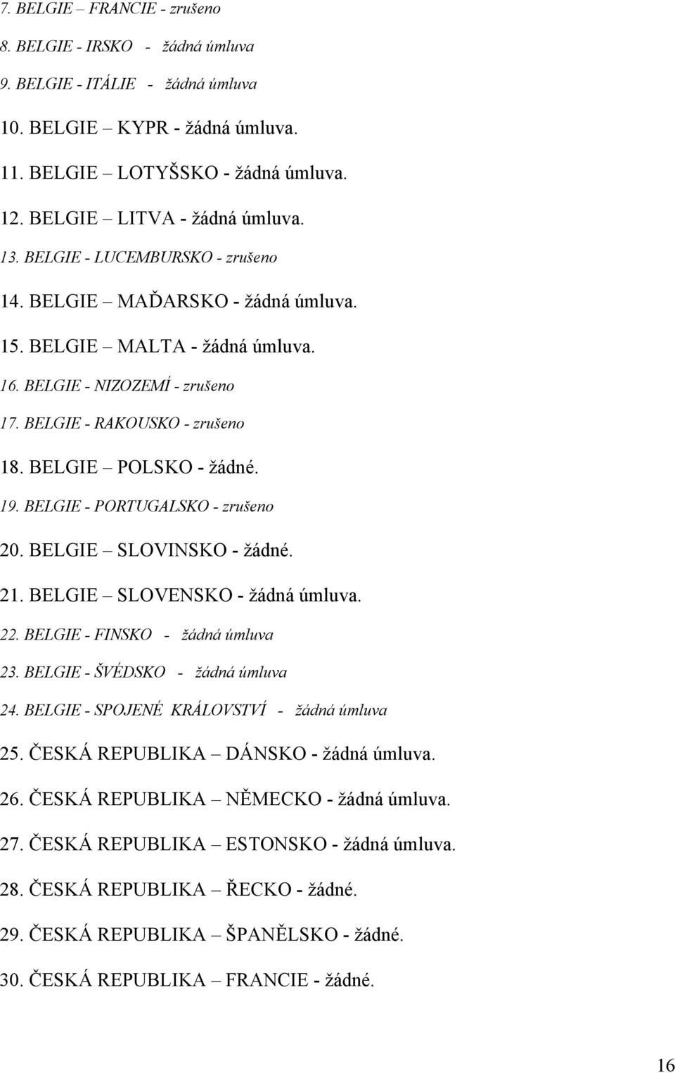 BELGIE - PORTUGALSKO - zrušeno 20. BELGIE SLOVINSKO - žádné. 21. BELGIE SLOVENSKO - žádná úmluva. 22. BELGIE - FINSKO - žádná úmluva 23. BELGIE - ŠVÉDSKO - žádná úmluva 24.