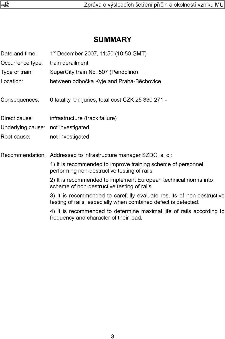 not investigated not investigated Recommendation: Addressed to infrastructure manager SZDC, s. o.