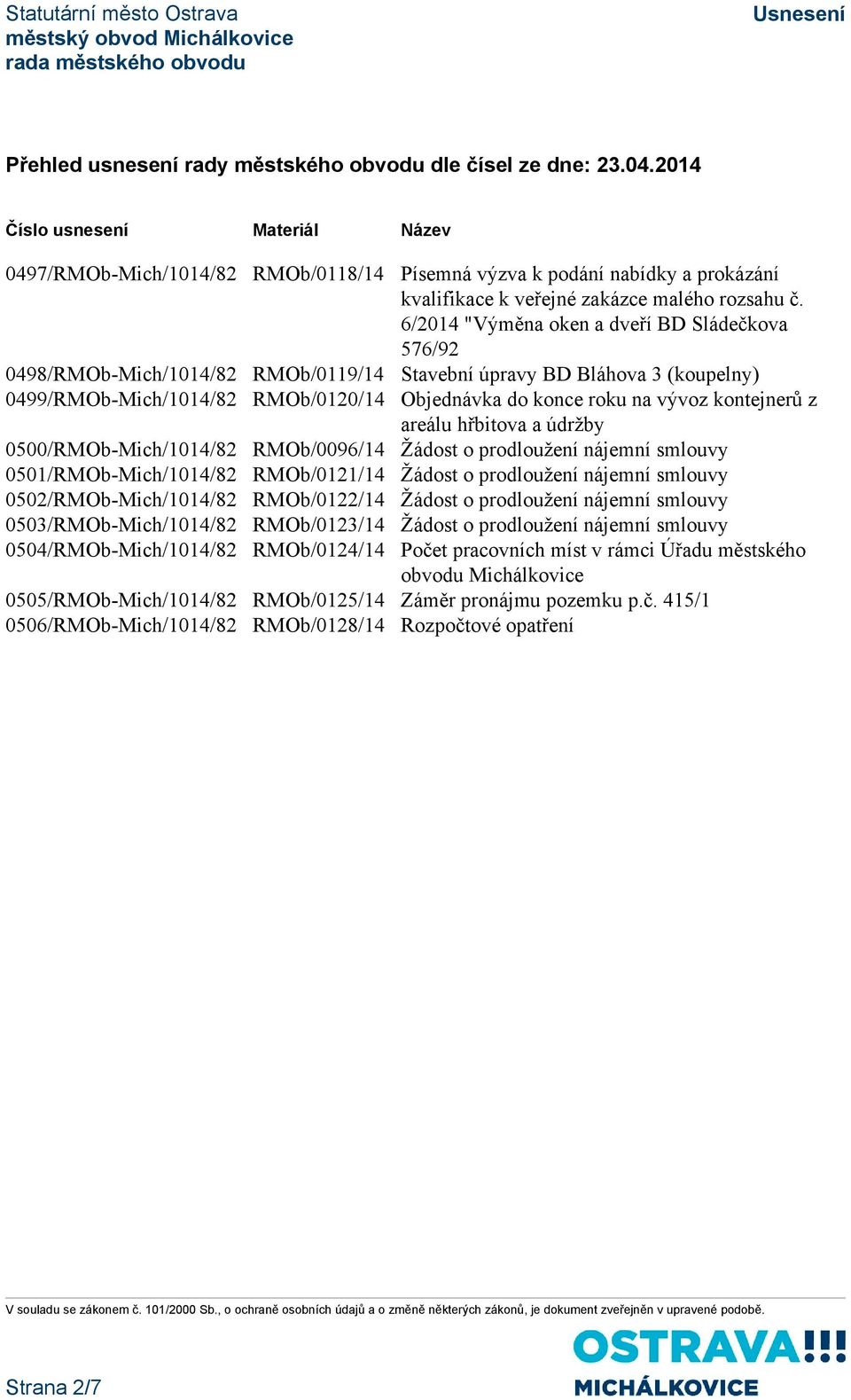 6/2014 "Výměna oken a dveří BD Sládečkova 576/92 0498/RMOb-Mich/1014/82 RMOb/0119/14 Stavební úpravy BD Bláhova 3 (koupelny) 0499/RMOb-Mich/1014/82 RMOb/0120/14 Objednávka do konce roku na vývoz