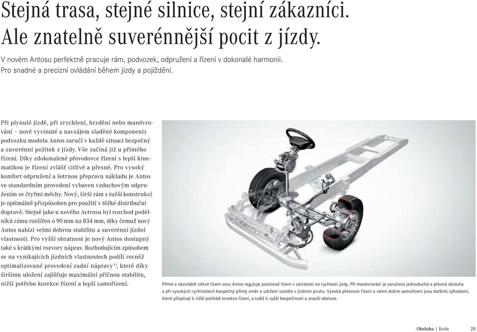 Při plynulé jízdě, při zrychlení, brzdění nebo manévrování nově vyvinuté a navzájem sladěné komponenty podvozku modelu Antos zaručí v každé situaci bezpečný a suverénní požitek z jízdy.