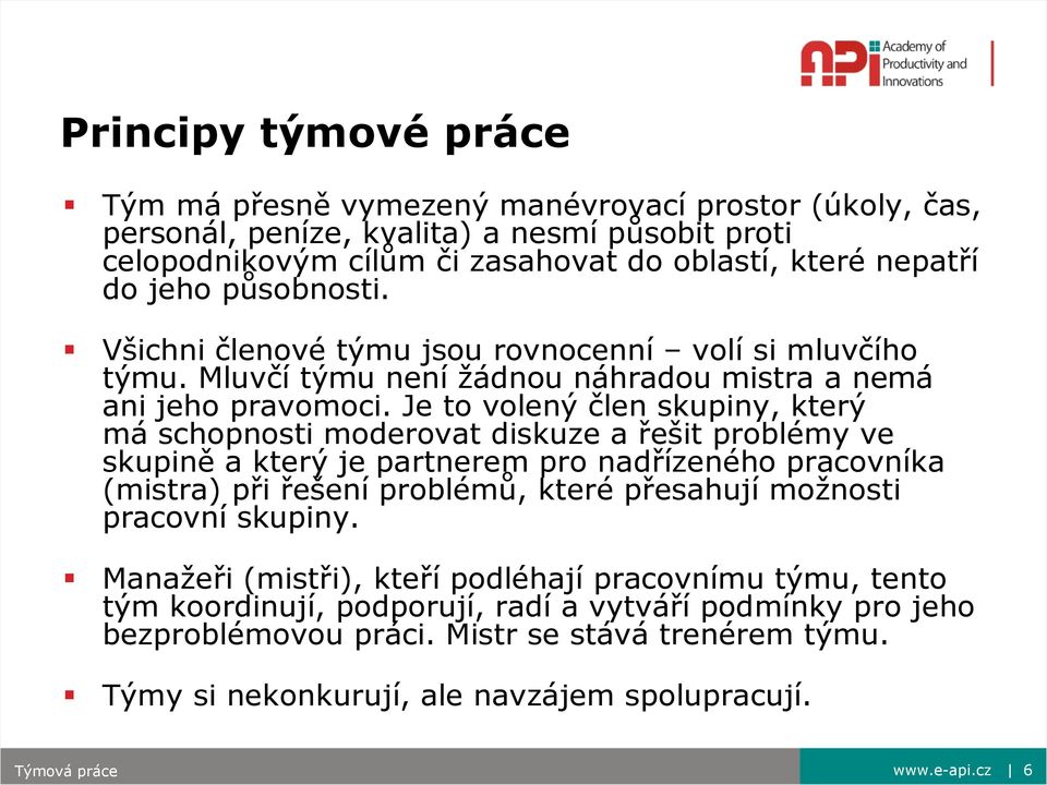 Je to volený člen skupiny, který má schopnosti moderovat diskuze a řešit problémy ve skupině a který je partnerem pro nadřízeného pracovníka (mistra) při řešení problémů, které přesahují