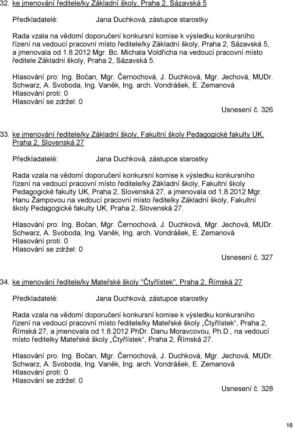 Hlasování pro: Ing. Bočan, Mgr. Černochová, J. Duchková, Mgr. Jechová, MUDr. Schwarz, A. Svoboda, Ing. Vaněk, Ing. arch. Vondrášek, E. Zemanová Hlasování proti: 0 Hlasování se zdržel: 0 Usnesení č.