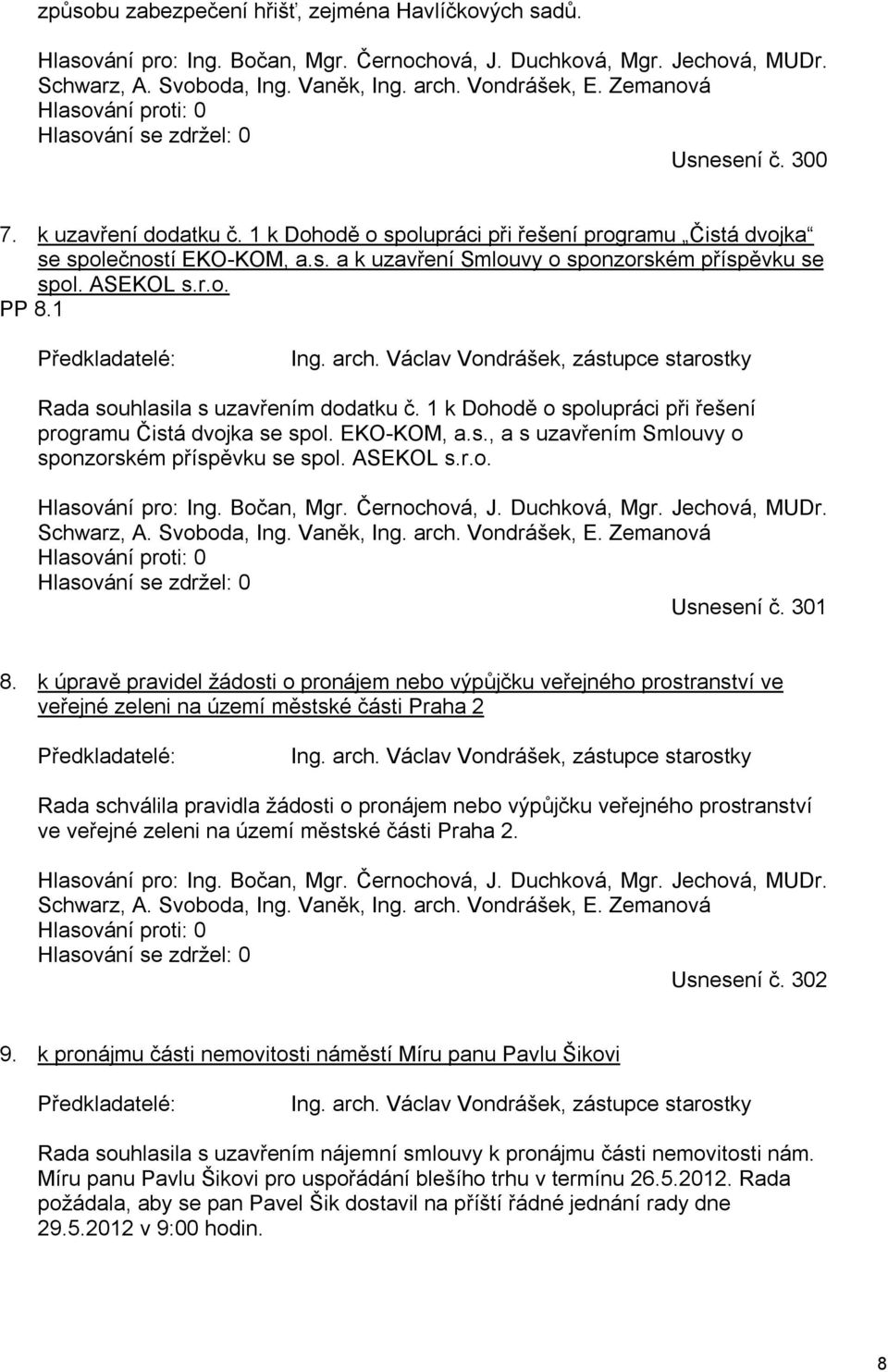 ASEKOL s.r.o. PP 8. Předkladatelé: Ing. arch. Václav Vondrášek, zástupce starostky Rada souhlasila s uzavřením dodatku č. k Dohodě o spolupráci při řešení programu Čistá dvojka se spol. EKO-KOM, a.s., a s uzavřením Smlouvy o sponzorském příspěvku se spol.