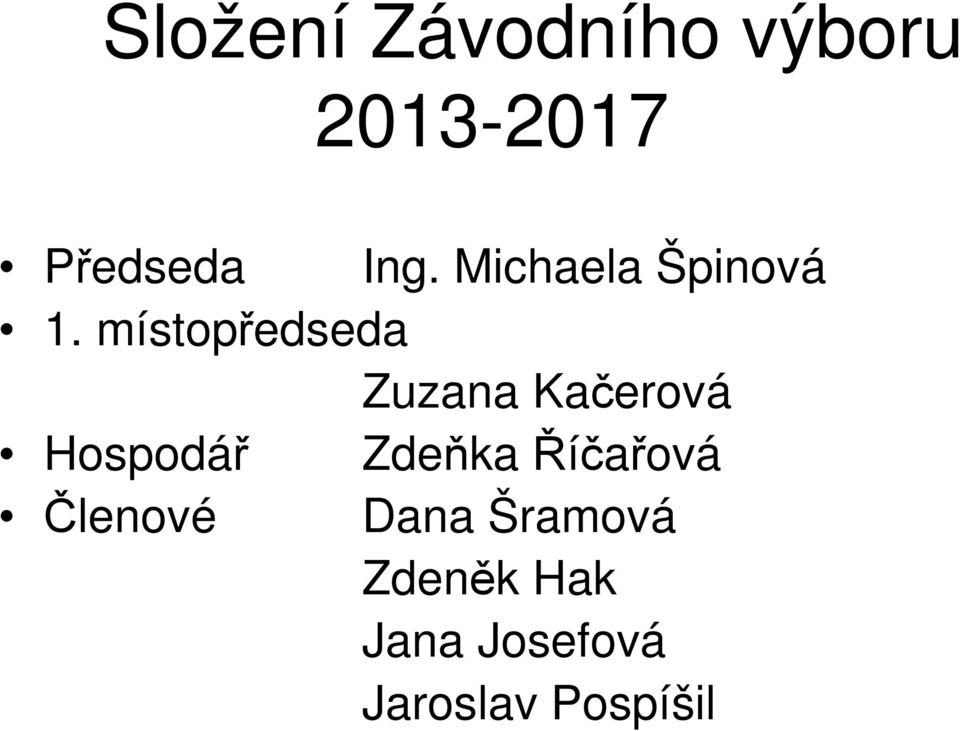 místopředseda Zuzana Kačerová Hospodář Zdeňka