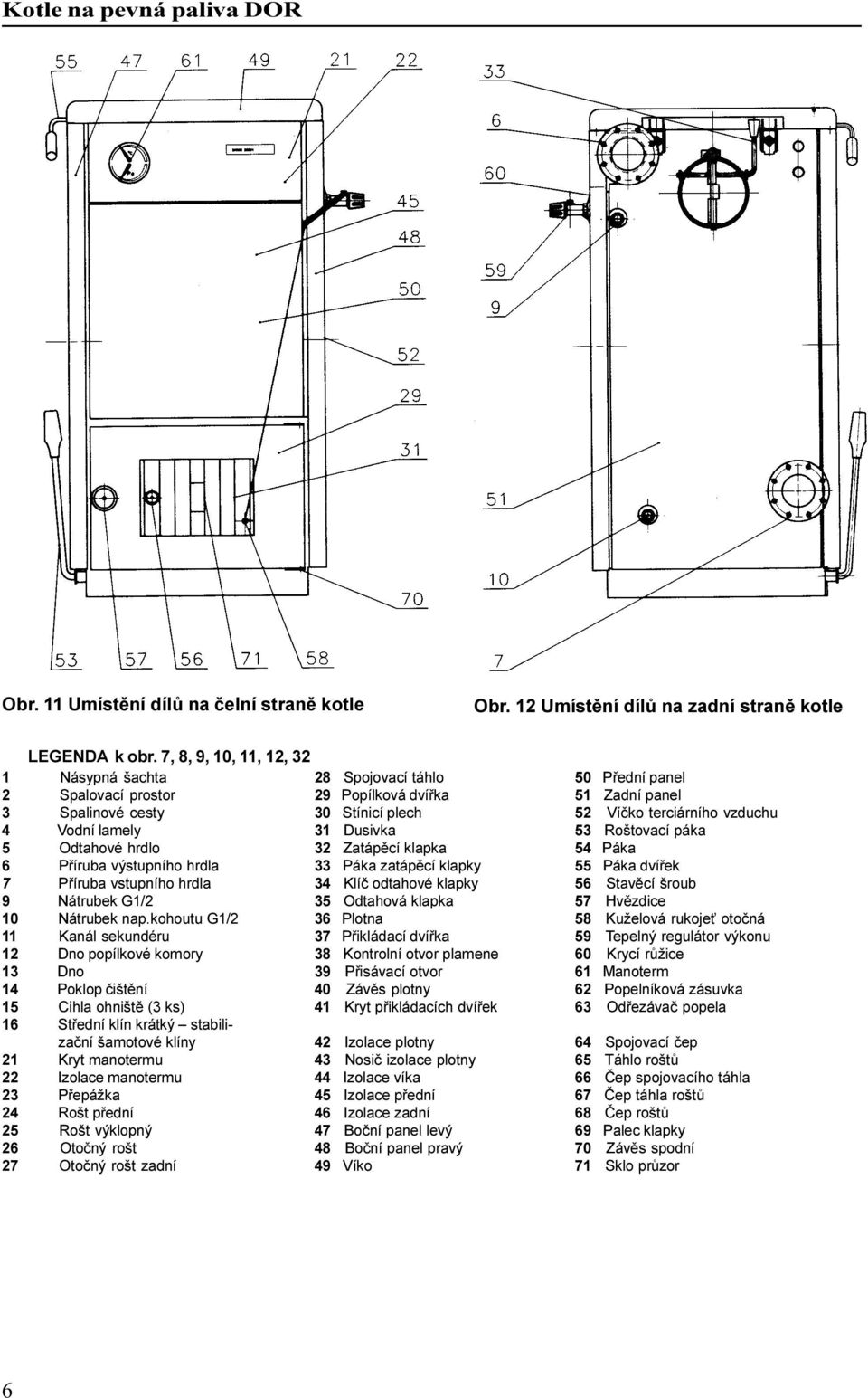 Vodní lamely 31 Dusivka 53 Roštovací páka 5 Odtahové hrdlo 32 Zatápìcí klapka 54 Páka 6 Pøíruba výstupního hrdla 33 Páka zatápìcí klapky 55 Páka dvíøek 7 Pøíruba vstupního hrdla 34 Klíè odtahové