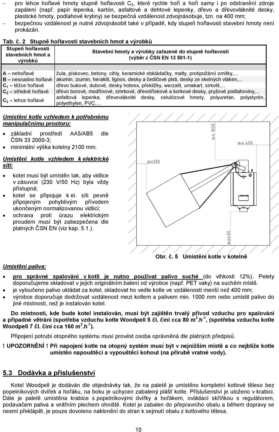 na 400 mm; bezpečnou vzdálenost je nutné zdvojnásobit také v případě, kdy stupeň hořlavosti stavební hmoty není prokázán. Tab. č.