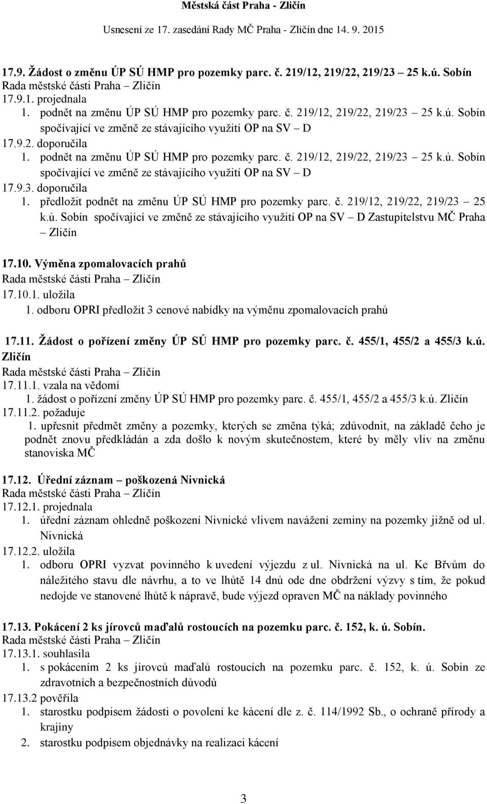 č. 219/12, 219/22, 219/23 25 k.ú. Sobín spočívající ve změně ze stávajícího využití OP na SV D Zastupitelstvu MČ Praha Zličín 17.10. Výměna zpomalovacích prahů 17.10.1. uložila 1.