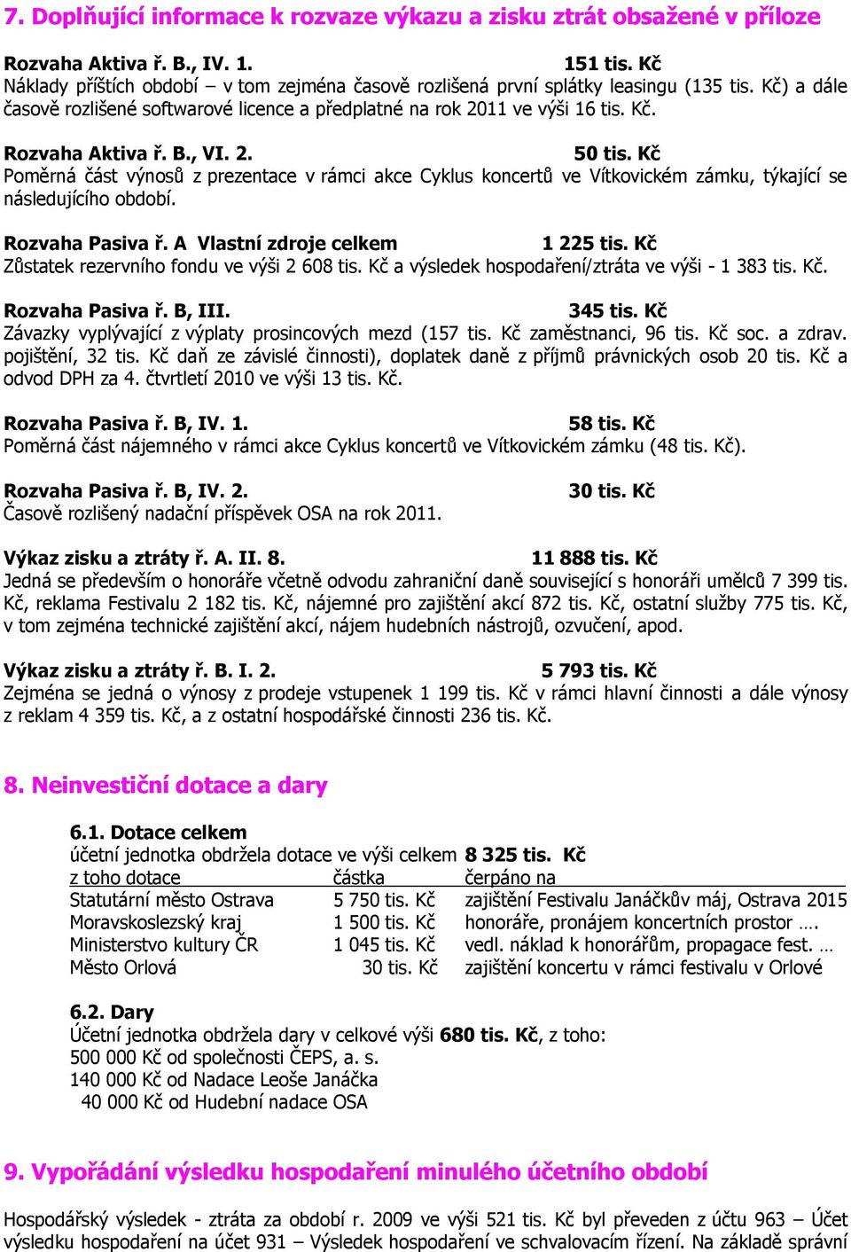 B., VI. 2. 50 tis. Kč Poměrná část výnosů z prezentace v rámci akce Cyklus koncertů ve Vítkovickém zámku, týkající se následujícího období. Rozvaha Pasiva ř. A Vlastní zdroje celkem 1 225 tis.