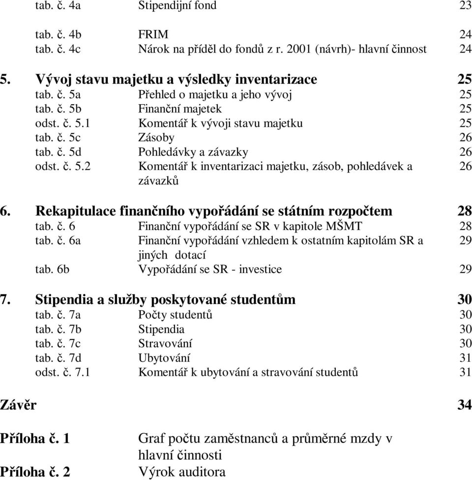 Rekapitulace finanního vypoádání se státním rozpotem 28 tab.. 6 Finanní vypoádání se SR v kapitole MŠMT 28 tab.. 6a Finanní vypoádání vzhledem k ostatním kapitolám SR a 29 jiných dotací tab.
