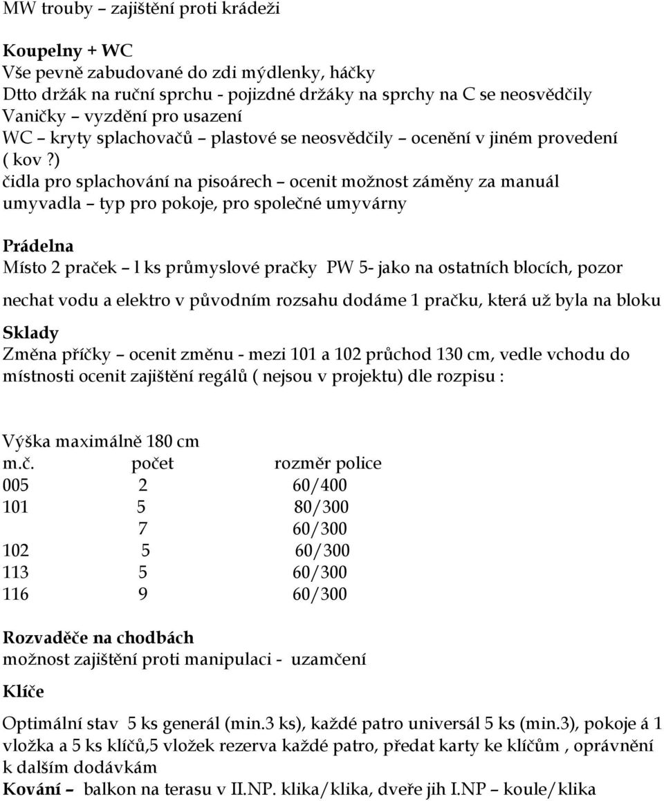 ) čidla pro splachování na pisoárech ocenit možnost záměny za manuál umyvadla typ pro pokoje, pro společné umyvárny Prádelna Místo 2 praček l ks průmyslové pračky PW 5- jako na ostatních blocích,